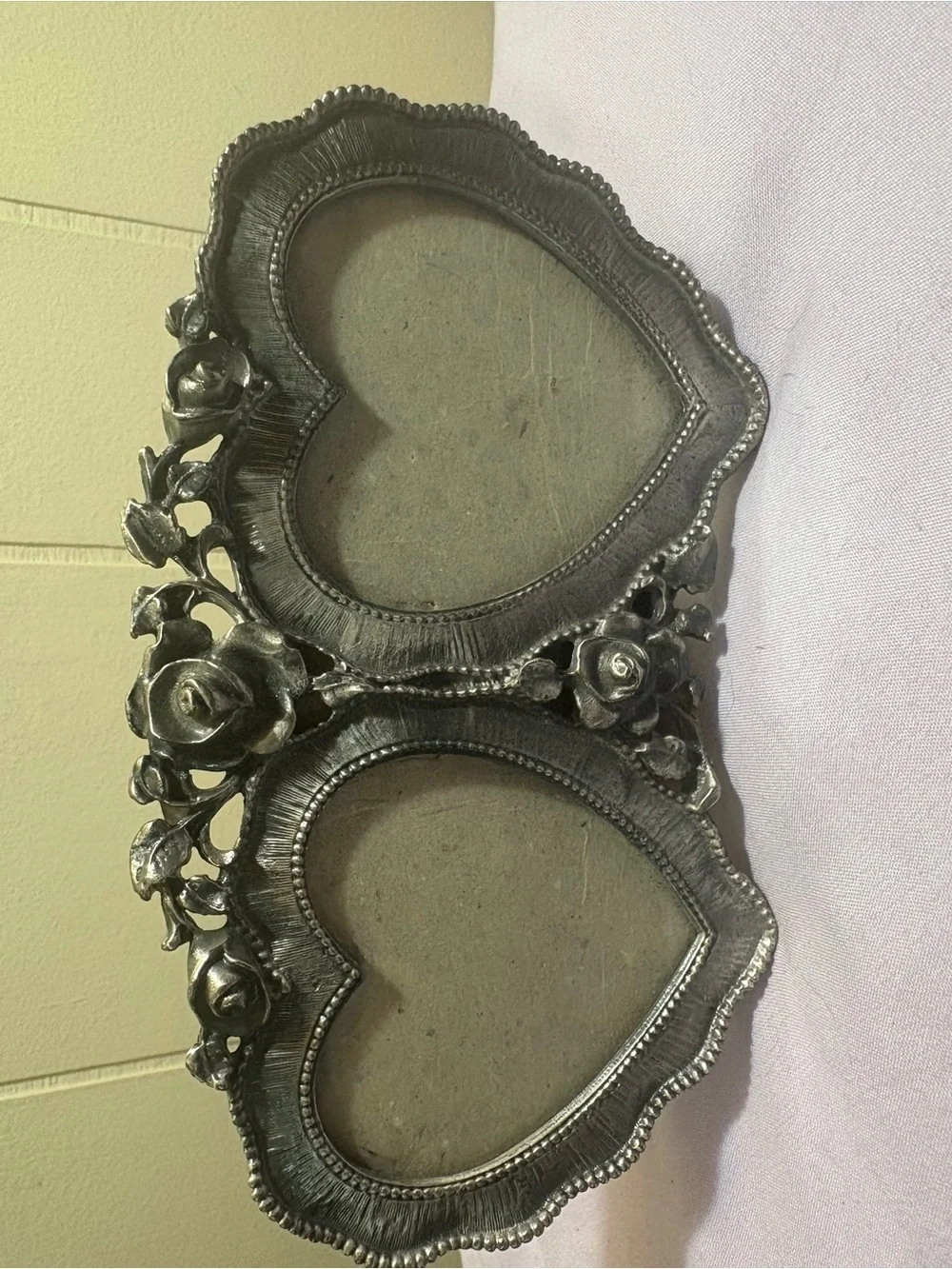 Vintage Pewter Double Heart Floral Photo Frame